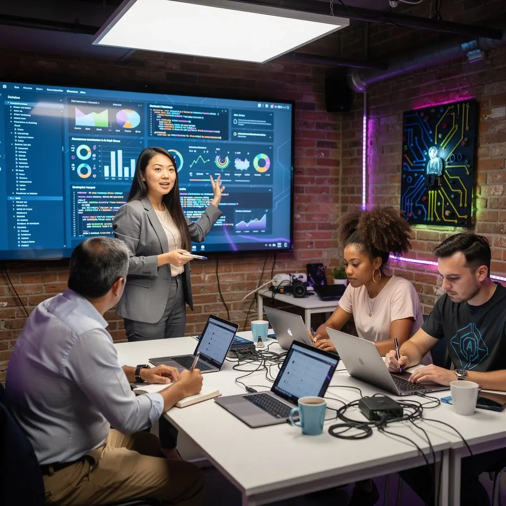 Группа людей, обсуждающих IT-проекты на семинаре по технологиям.