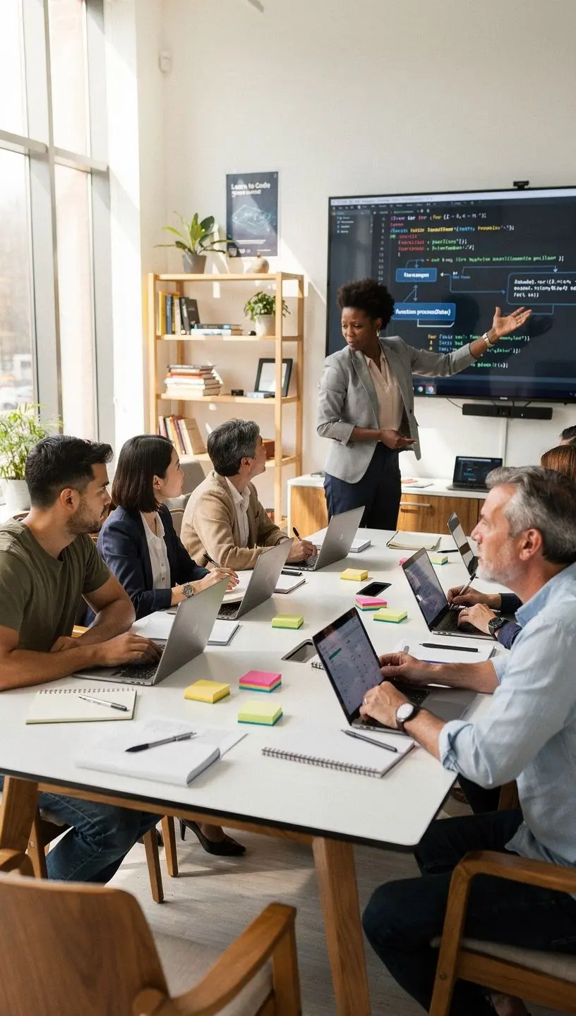 Экран ноутбука с открытым курсом по веб-разработке и интерактивными заданиями.